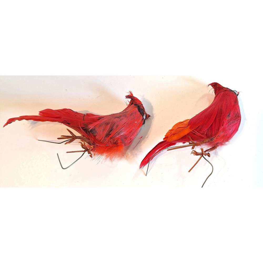 Vintage Red Cardinal Bird Ornaments Feathered Christmas Decor Set of 2